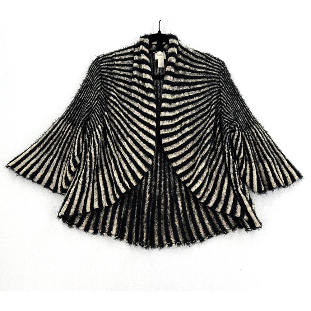 Chico’s Cardigan Women 1 M Black Cream Striped Bell Sleeve Swing Knit Boho Chic